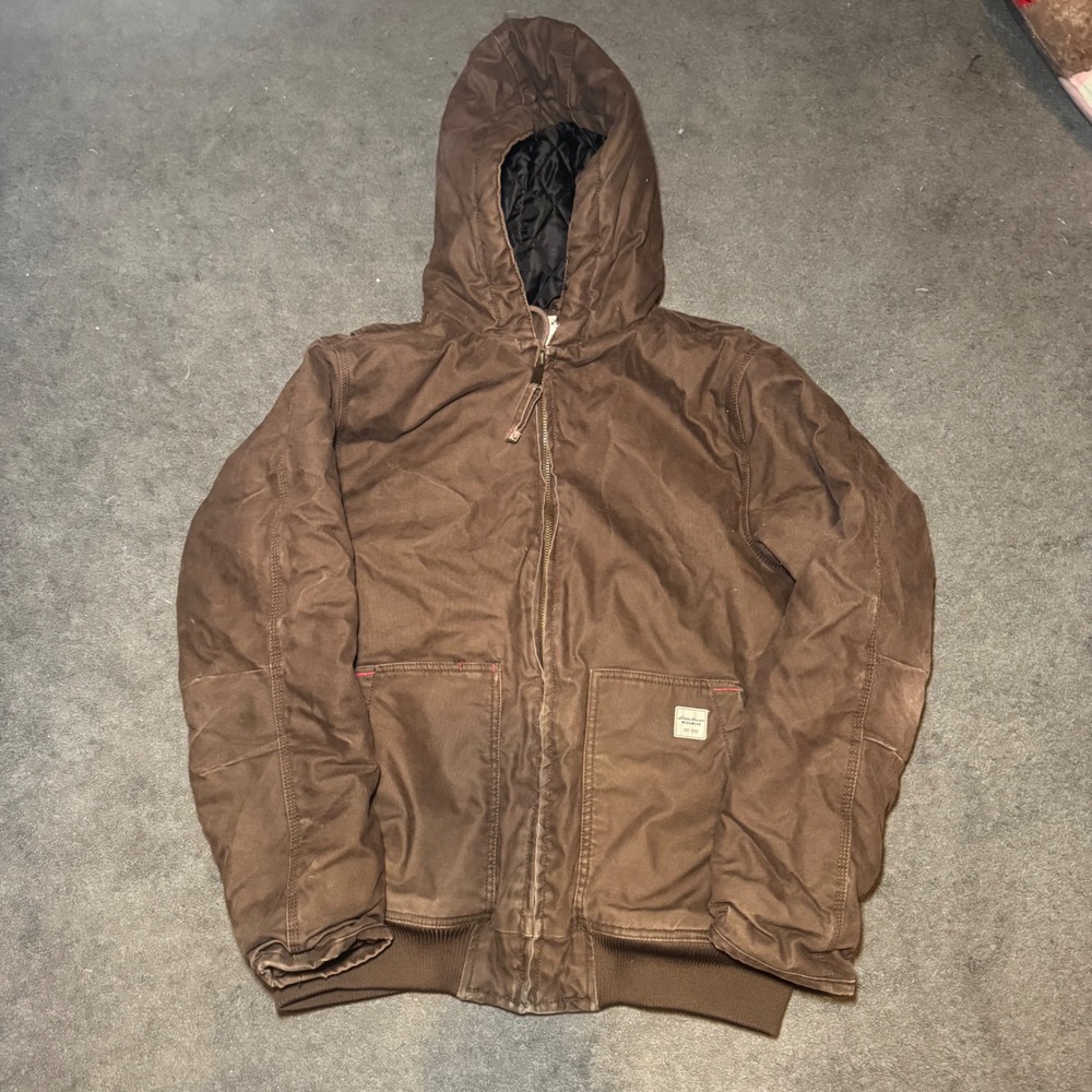 Eddie Bauer Workwear Brown Canvas Hooded Jacket Foreman Fit Large Quilted Lined